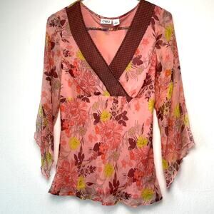 Cato Y2K Pink Silk Floral Ditsy Polka Dots Asymmetrical Sleeve Blouse